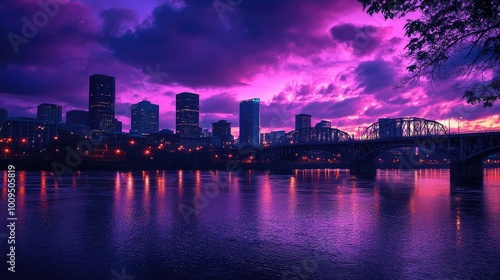 Wallpaper Mural A stunning twilight view of a vibrant city skyline reflecting on the water, illuminated by purple and orange hues. Torontodigital.ca