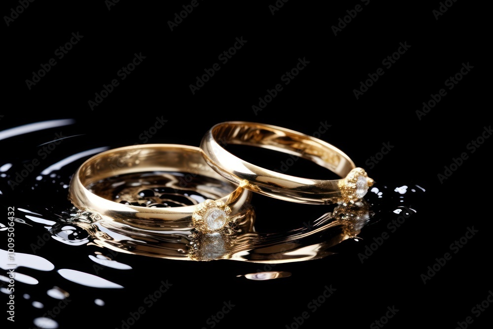 Two Golden Wedding Rings Sinking in Water ring jewelry diamond. Two Golden Wedding Rings Sinking in Water ring jewelry diamond.