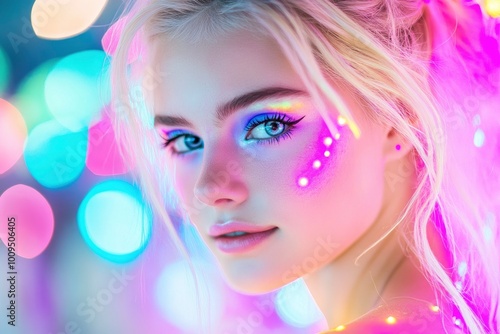 a blonde woman with makeup, neon blue, purple light effect on face and glowing light on background