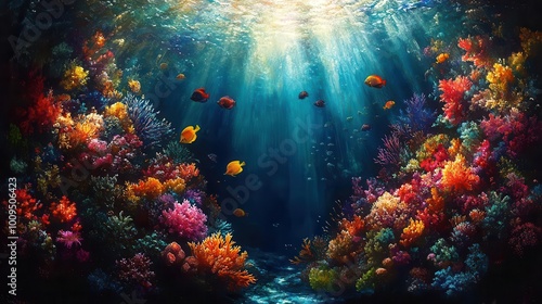 vibrant underwater coral reef teeming with colorful marine life sunlight filtering through the water illuminating exotic fish and corals in a mesmerizing lively tableau