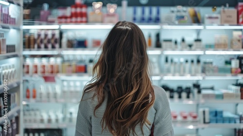 A woman with long brown hair is shopping in a store