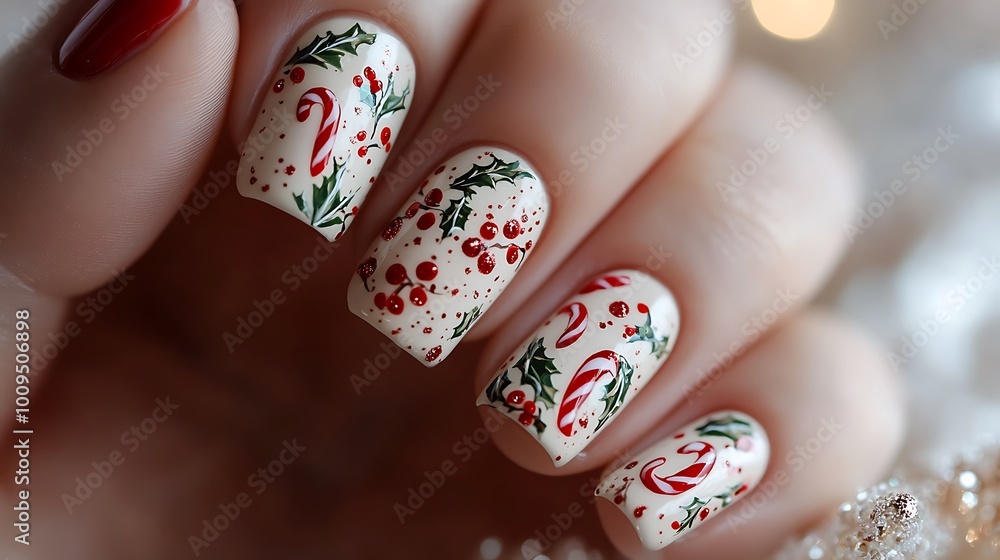 A detailed close-up of nails with Christmas-themed patterns, including tiny candy canes, holly leaves, and red glitter accents over a white matte base. The nails have a smooth finish, A detailed close-up of nails with Christmas-themed patterns, including tiny candy canes, holly leaves, and red glitter accents over a white matte base. The nails have a smooth finish,