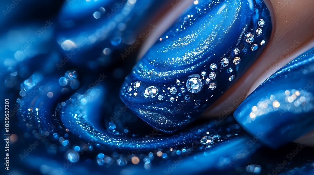 A detailed close-up of nails with deep sapphire blue tones, featuring silver and white marble patterns and tiny rhinestone accents. The nails shine under bright light, A detailed close-up of nails with deep sapphire blue tones, featuring silver and white marble patterns and tiny rhinestone accents. The nails shine under bright light,
