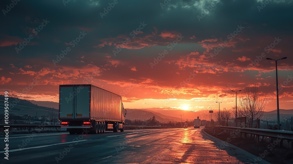 A truck travels along a highway at sunset, with dramatic clouds creating a stunning reflection on the wet road surface. A truck travels along a highway at sunset, with dramatic clouds creating a stunning reflection on the wet road surface.