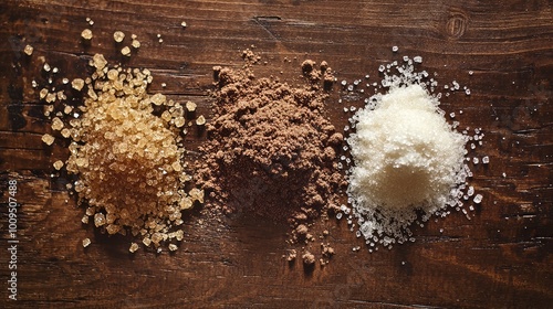 A trio of different salts displayed on a wooden surface, showcasing textures and colors of brown, white, and crystal-like grains. photo