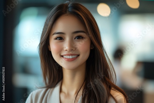 Smiling asian businesswoman at office, Generative AI