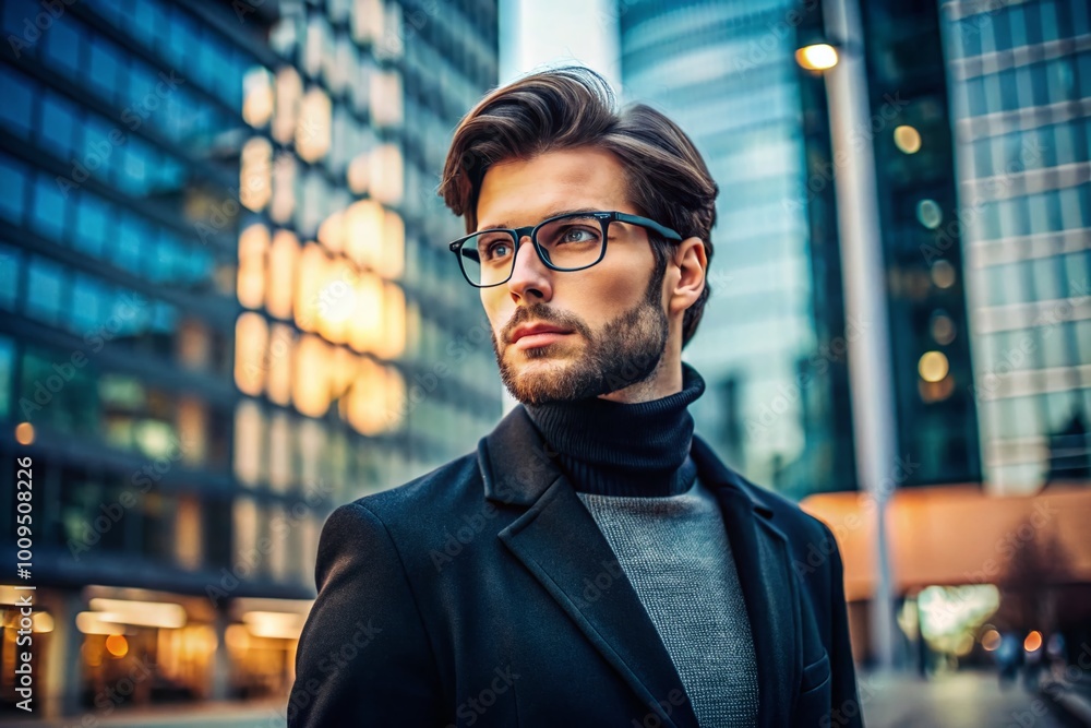 Stylish man wearing black glasses against a modern urban backdrop with a confident demeanor Stylish man wearing black glasses against a modern urban backdrop with a confident demeanor