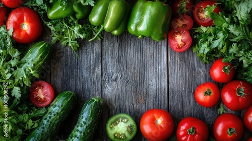 A vibrant arrangement of fresh vegetables including bell peppers, tomatoes, cucumbers, and herbs on a rustic wooden background.