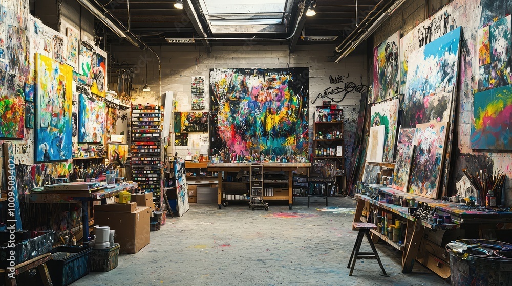 A vibrant art studio filled with colorful paintings and creative tools, embodying artistic inspiration and passion. A vibrant art studio filled with colorful paintings and creative tools, embodying artistic inspiration and passion.