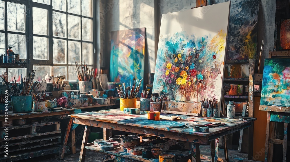 A vibrant artist studio filled with colorful paints, brushes, and creative inspiration, showcasing the beauty of artistic expression. A vibrant artist studio filled with colorful paints, brushes, and creative inspiration, showcasing the beauty of artistic expression.