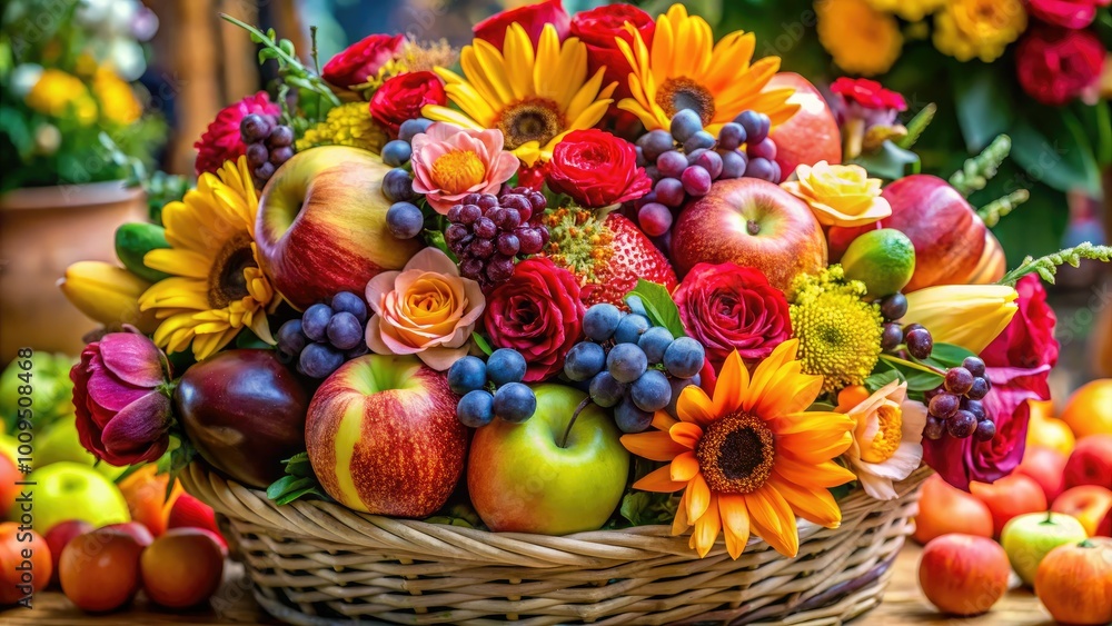 Bright and inviting flower and fruit arrangement perfect for enhancing celebrations, special events, or simply refreshing your home decor with vibrant, joyful colors. Bright and inviting flower and fruit arrangement perfect for enhancing celebrations, special events, or simply refreshing your home decor with vibrant, joyful colors.