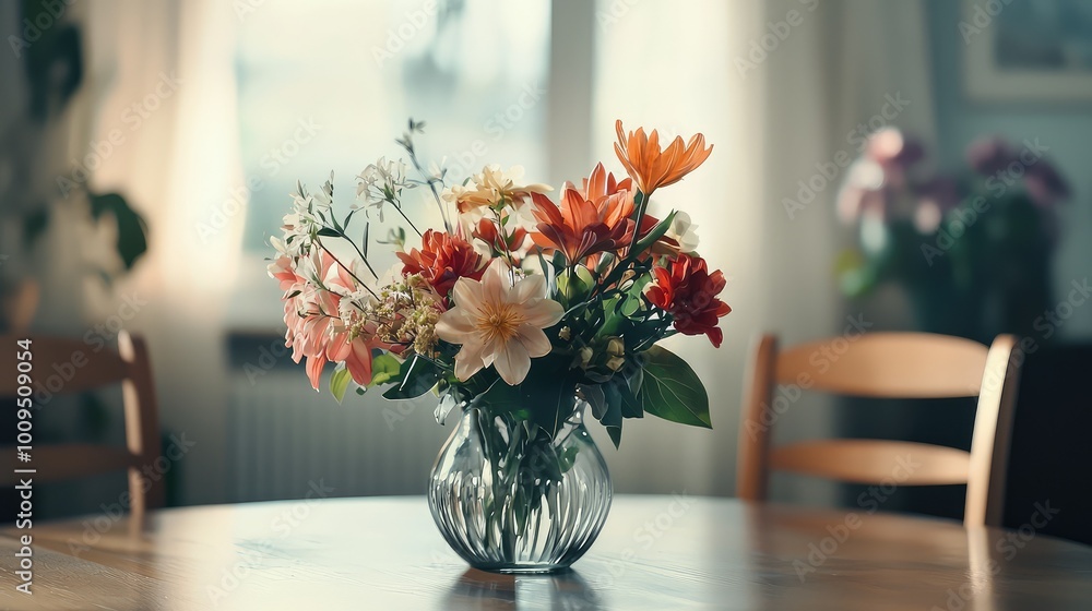 A vibrant bouquet of assorted flowers arranged in a glass vase, bringing a touch of nature and color to any interior space. A vibrant bouquet of assorted flowers arranged in a glass vase, bringing a touch of nature and color to any interior space.