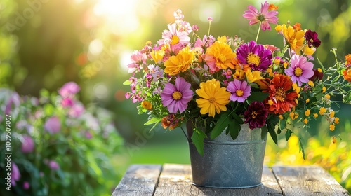 Wallpaper Mural A vibrant bouquet of colorful flowers in a rustic pot, illuminated by warm sunlight in a serene garden setting. Torontodigital.ca