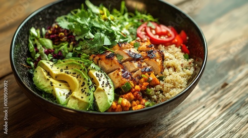 A vibrant bowl filled with grilled chicken, quinoa, fresh vegetables, and avocado, ideal for healthy eating and meal prep.