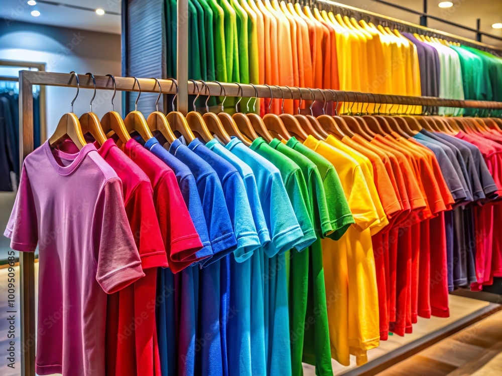 Stylish T-Shirt Rack Displaying Colorful Shirts in a Modern Retail Store Interior Setting Stylish T-Shirt Rack Displaying Colorful Shirts in a Modern Retail Store Interior Setting