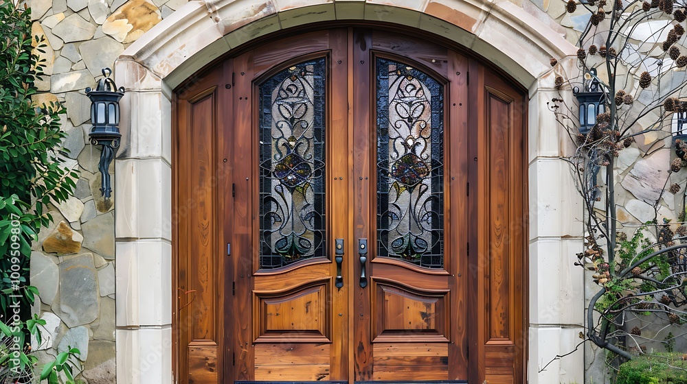 Arched wooden front door with stained glass window and wrought iron accents Arched wooden front door with stained glass window and wrought iron accents