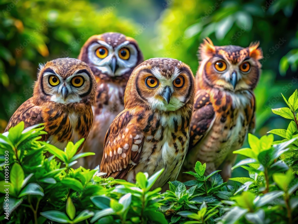 Bright, enchanting owls are nestled amidst rich greenery, their striking colors providing a playful touch to the whimsical backdrop of nature's beauty and serenity. Bright, enchanting owls are nestled amidst rich greenery, their striking colors providing a playful touch to the whimsical backdrop of nature's beauty and serenity.