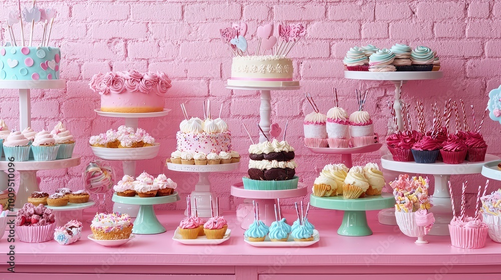 A vibrant display of colorful cupcakes and cakes against a pink brick wall, perfect for celebrations and sweet moments.