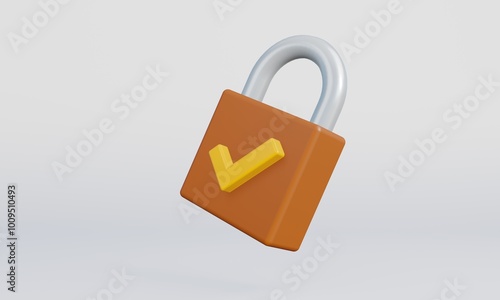 3D Render of Floating Orange Lock with Golden Tick 