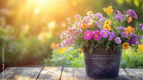 A vibrant flower pot filled with colorful blooms, illuminated by warm sunlight, perfect for a cheerful outdoor setting.