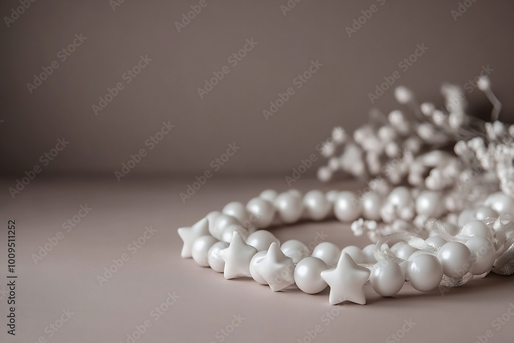 Elegant white bead necklace with star accents resting on a soft surface beside delicate floral stems Elegant white bead necklace with star accents resting on a soft surface beside delicate floral stems