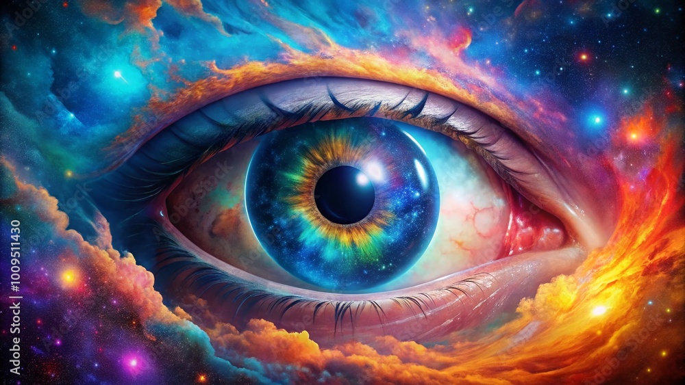 © Man888 - Surreal Imagery of an Eyeball Surrounded by a Cosmic Galaxy in a Colorful and Dreamlike Space Scene © Man888 - Surreal Imagery of an Eyeball Surrounded by a Cosmic Galaxy in a Colorful and Dreamlike Space Scene
