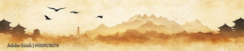 Wallpaper Mural Silhouettes of temples and mountains with birds flying over them, a hazy, ethereal landscape in golden tones. Torontodigital.ca