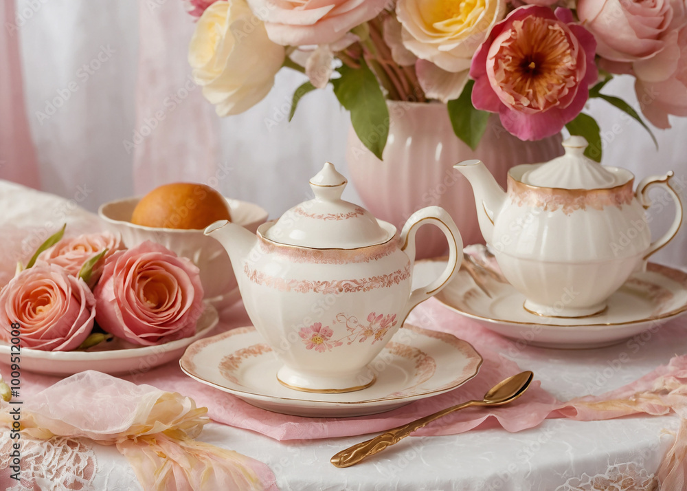 A Lavish Tea Party Setting with Beautiful Pink Roses A Lavish Tea Party Setting with Beautiful Pink Roses