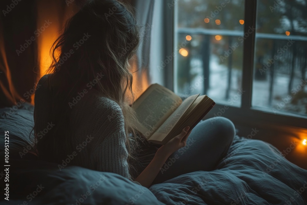 Female reading book on bed at night, Generative AI Stock Photo | Adobe ...