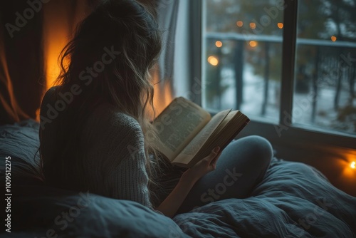 Female reading book on bed at night, Generative AI