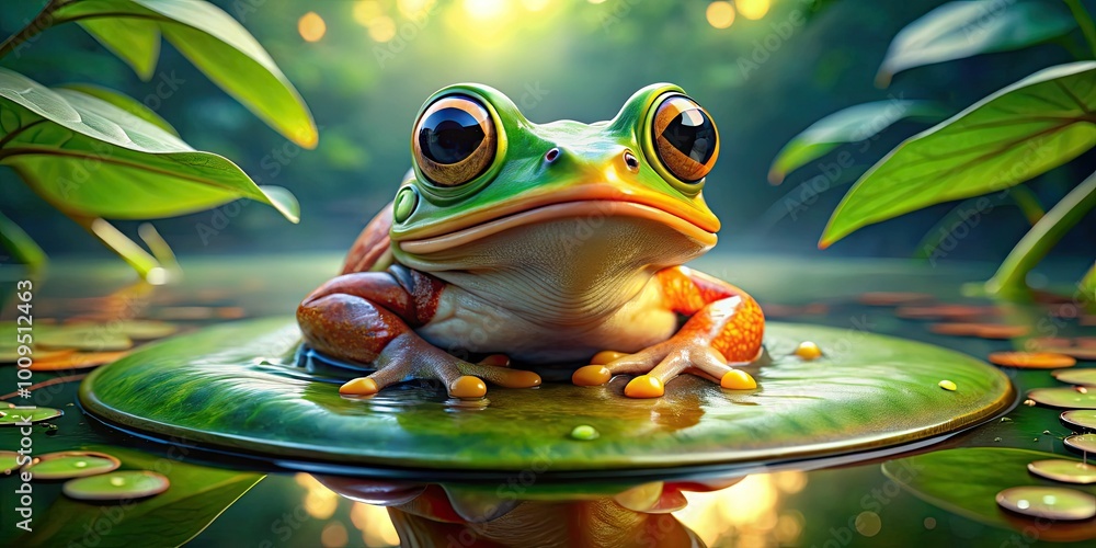 Brightly colored toad, featuring large expressive eyes, perches atop a lily pad in a lively pond, buzzing with vibrant flowers and glimmering water. Brightly colored toad, featuring large expressive eyes, perches atop a lily pad in a lively pond, buzzing with vibrant flowers and glimmering water.
