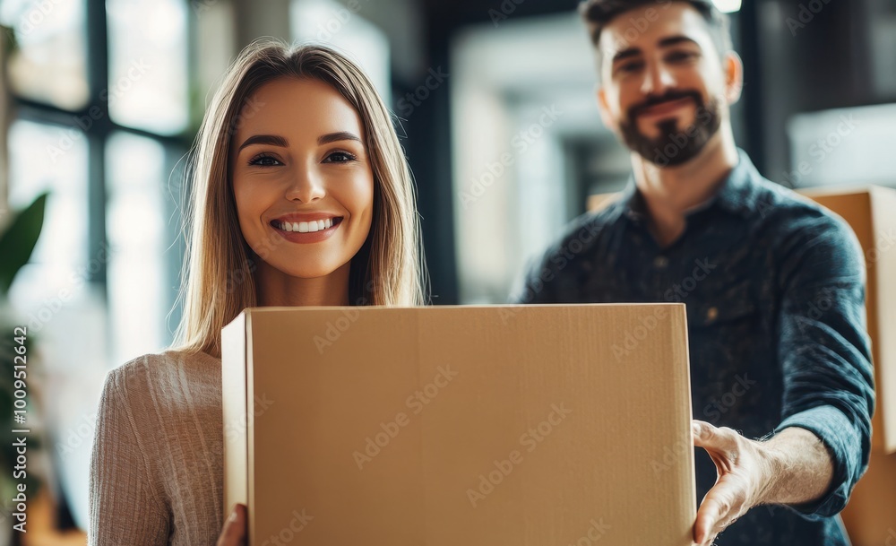 Woman receiving package from customer, smiling, delivery service concept Woman receiving package from customer, smiling, delivery service concept