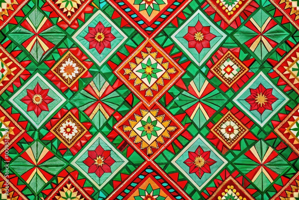 Bright red and green geometric pattern, perfect for holiday designs and modern projects, infusing a festive spirit into your creative works and seasonal displays. Bright red and green geometric pattern, perfect for holiday designs and modern projects, infusing a festive spirit into your creative works and seasonal displays.