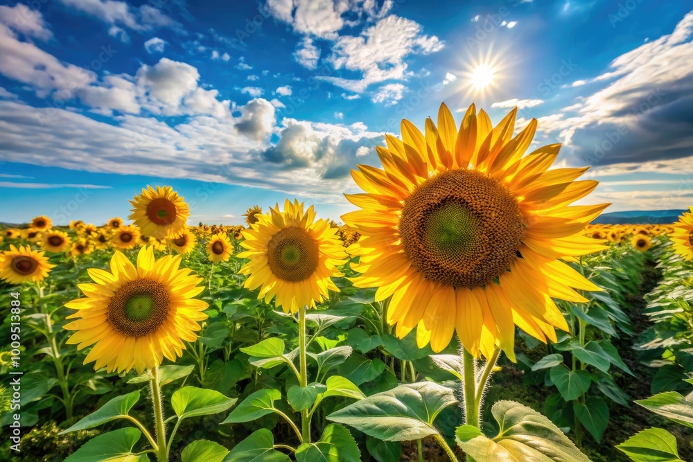 Fototapeta premium Bright sunflowers thrive in a lush green field, reaching toward a clear blue sky on a sunny day, creating a picturesque, cheerful landscape full of life.