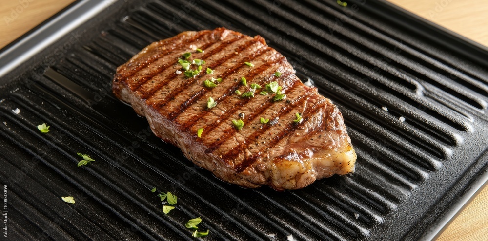 Medium-rare steak on grill, top-down view with dark background Medium-rare steak on grill, top-down view with dark background