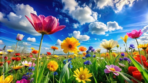 Bright spring wallpaper showcasing vivid flowers, lush green grass, and a clear blue sky, ideal for bringing a fresh, lively atmosphere to your digital devices.