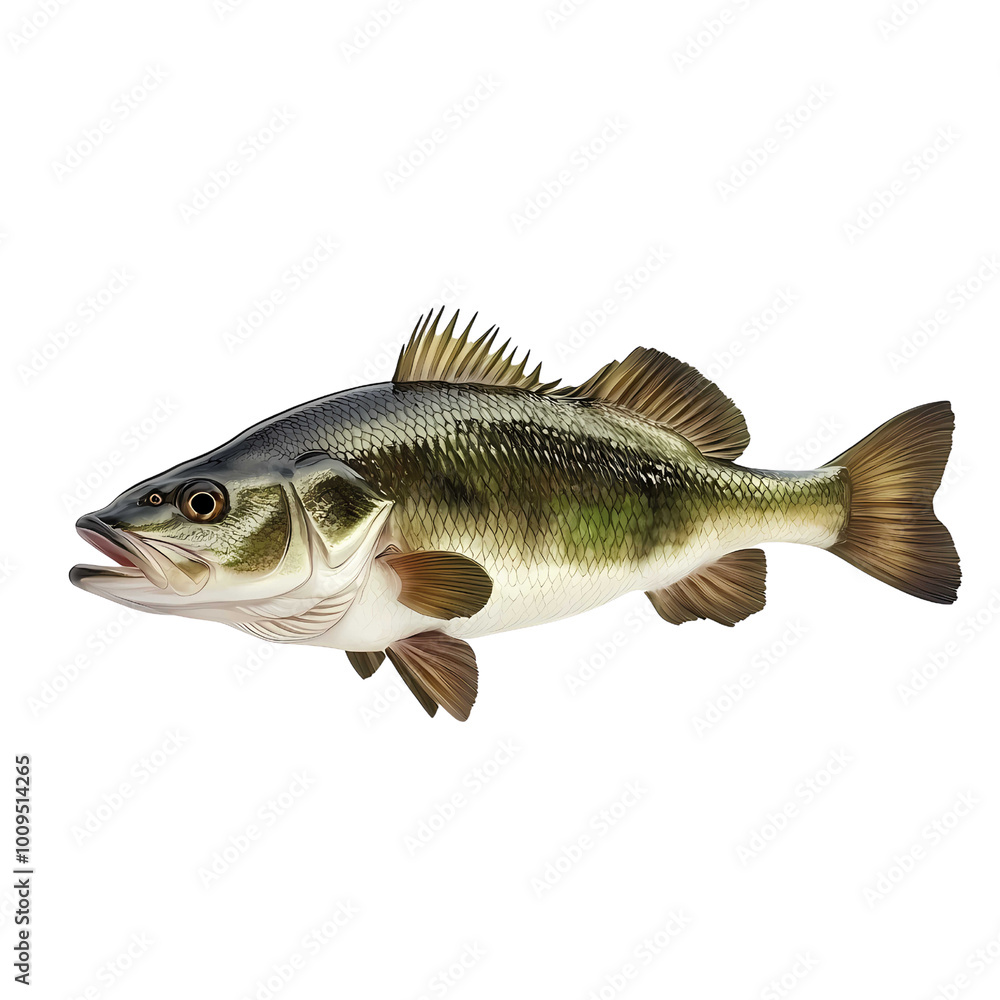 Bass Fish Swimming With Vibrant Green and White Coloration Demonstrating Its Prominent Features Bass Fish Swimming With Vibrant Green and White Coloration Demonstrating Its Prominent Features