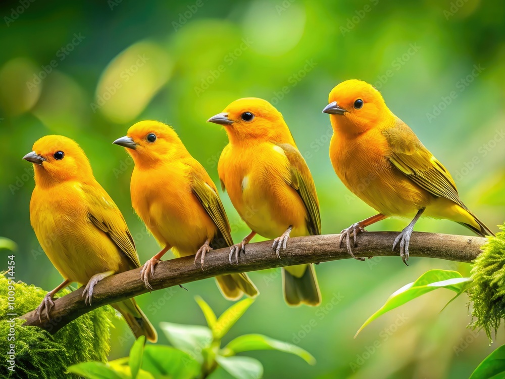Bright yellow birds rest on a branch amidst a rich green backdrop, embodying the splendor of nature and showcasing the tranquil beauty of their habitat. Bright yellow birds rest on a branch amidst a rich green backdrop, embodying the splendor of nature and showcasing the tranquil beauty of their habitat.
