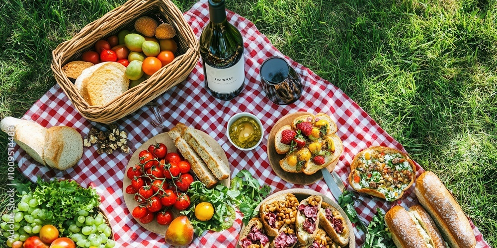 Fototapeta premium A picnic spread featuring fresh produce, bread, wine, and salads on a checkered blanket.