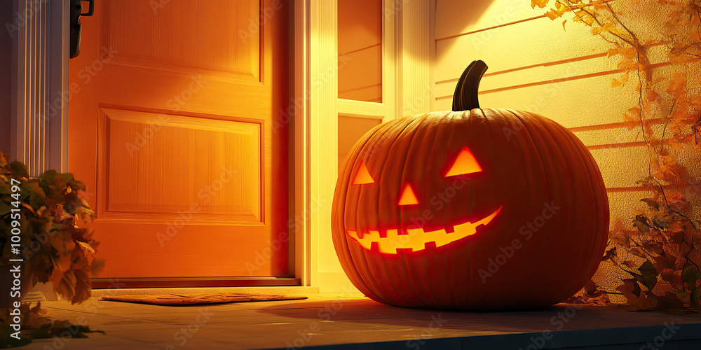 Obraz premium A large orange pumpkin sitting on a doorstep, lit by a warm orange glow from a porch light, welcoming trick-or-treaters to the house.