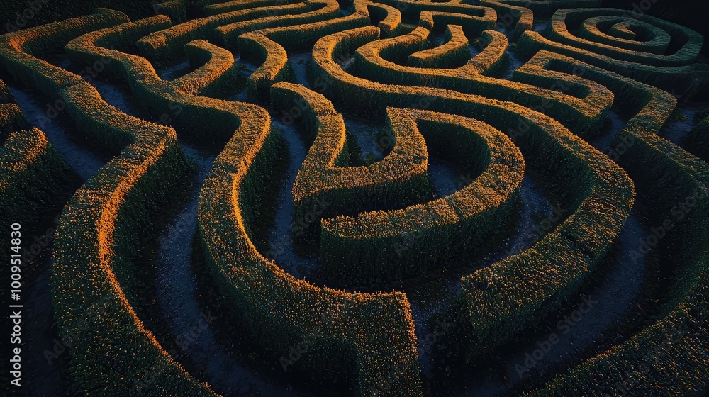 Aerial view of a captivating maze design in a lush green field, illustrating intricate pathways and patterns under soft lighting. Aerial view of a captivating maze design in a lush green field, illustrating intricate pathways and patterns under soft lighting.