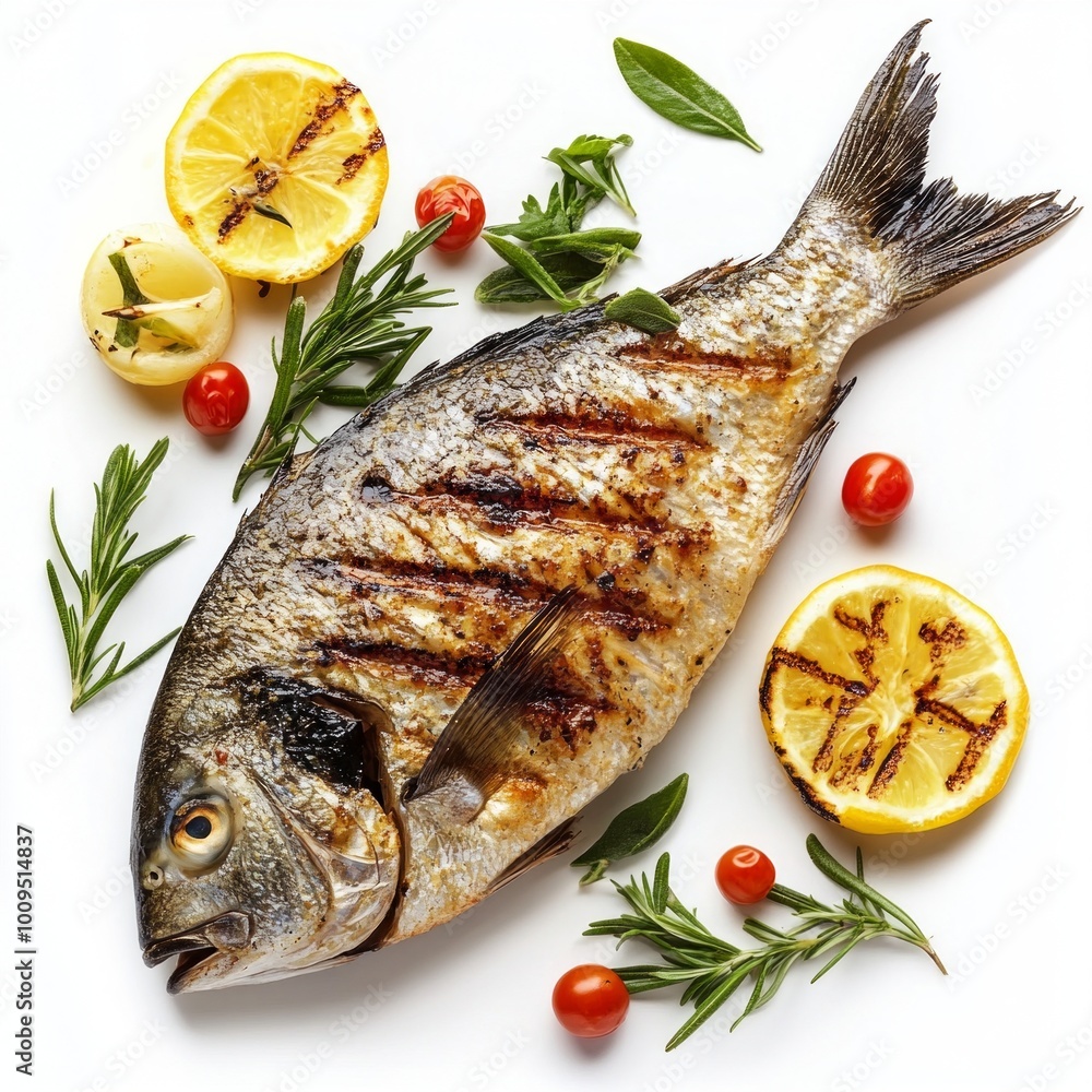 Grilled fish served with fresh herbs and lemon slices. Perfect for a healthy meal. This image showcases culinary art in a vibrant presentation. Enjoy the flavors of gourmet cooking. AI Grilled fish served with fresh herbs and lemon slices. Perfect for a healthy meal. This image showcases culinary art in a vibrant presentation. Enjoy the flavors of gourmet cooking. AI
