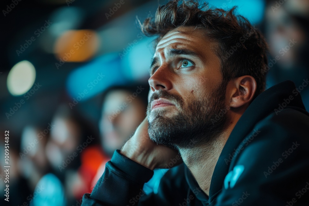 Man looking worried while watching a match at stadium, Generative AI Man looking worried while watching a match at stadium, Generative AI