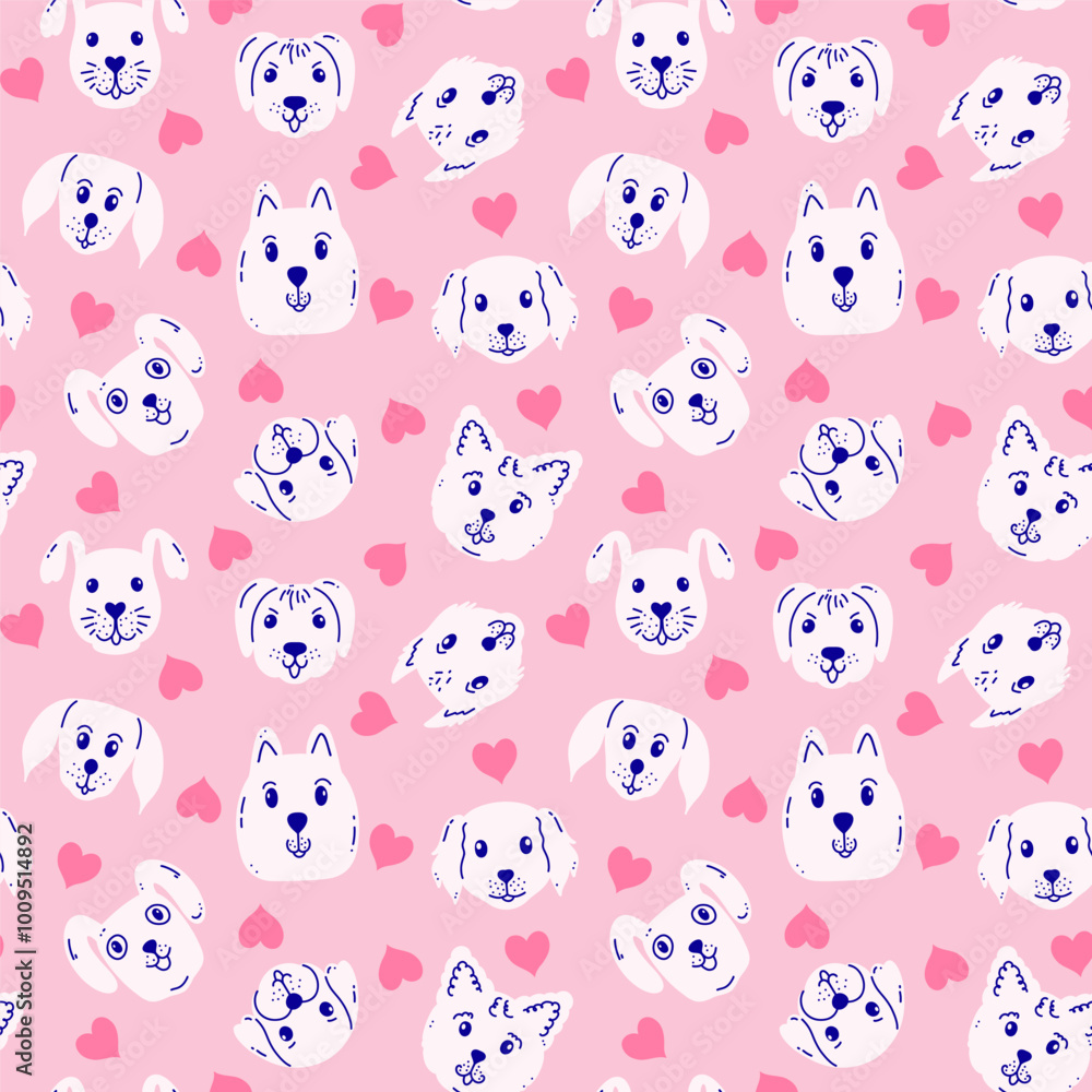 Fototapeta premium Seamless pattern with dog faces and hearts on pink background.