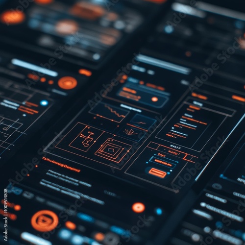 Futuristic Digital Interface with Orange and Blue Elements