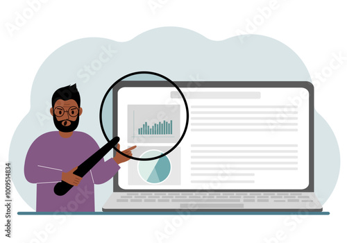 A man shows a report, a presentation on a laptop with a magnifying glass vector illustration. Financial business analysis, audit, planning concept. Vector flat illustration