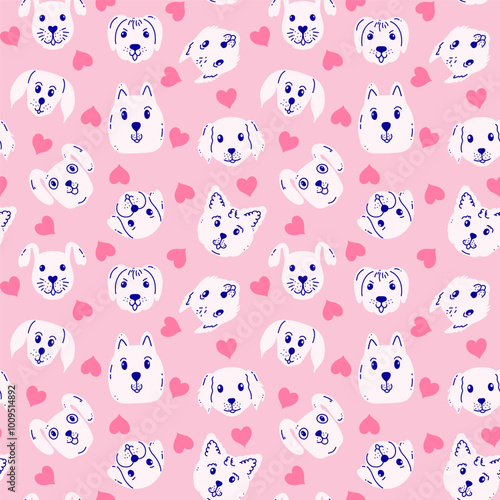 Seamless pattern with  dog faces  and hearts  on pink background.