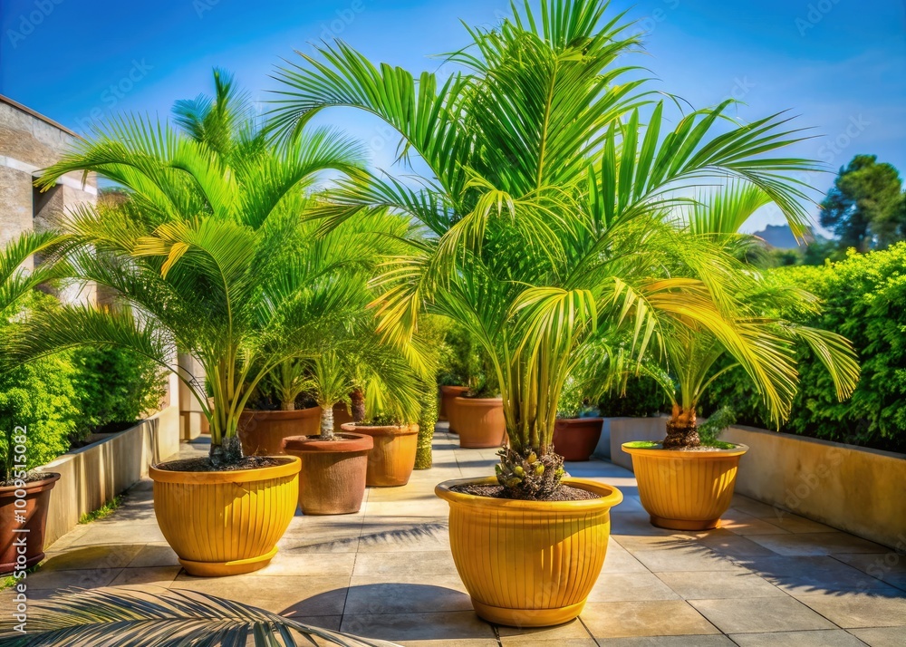 Fototapeta premium Bring tropical vibes outdoors with potted palm trees, enhancing your spaceâ€™s natural beauty and creating a lush, serene environment for relaxation and enjoyment.