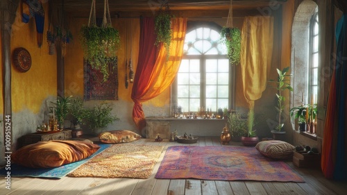 A room with a yellow wall and a window with a view of the outside