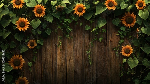 Rustic wooden planks with vines and sunflowers.